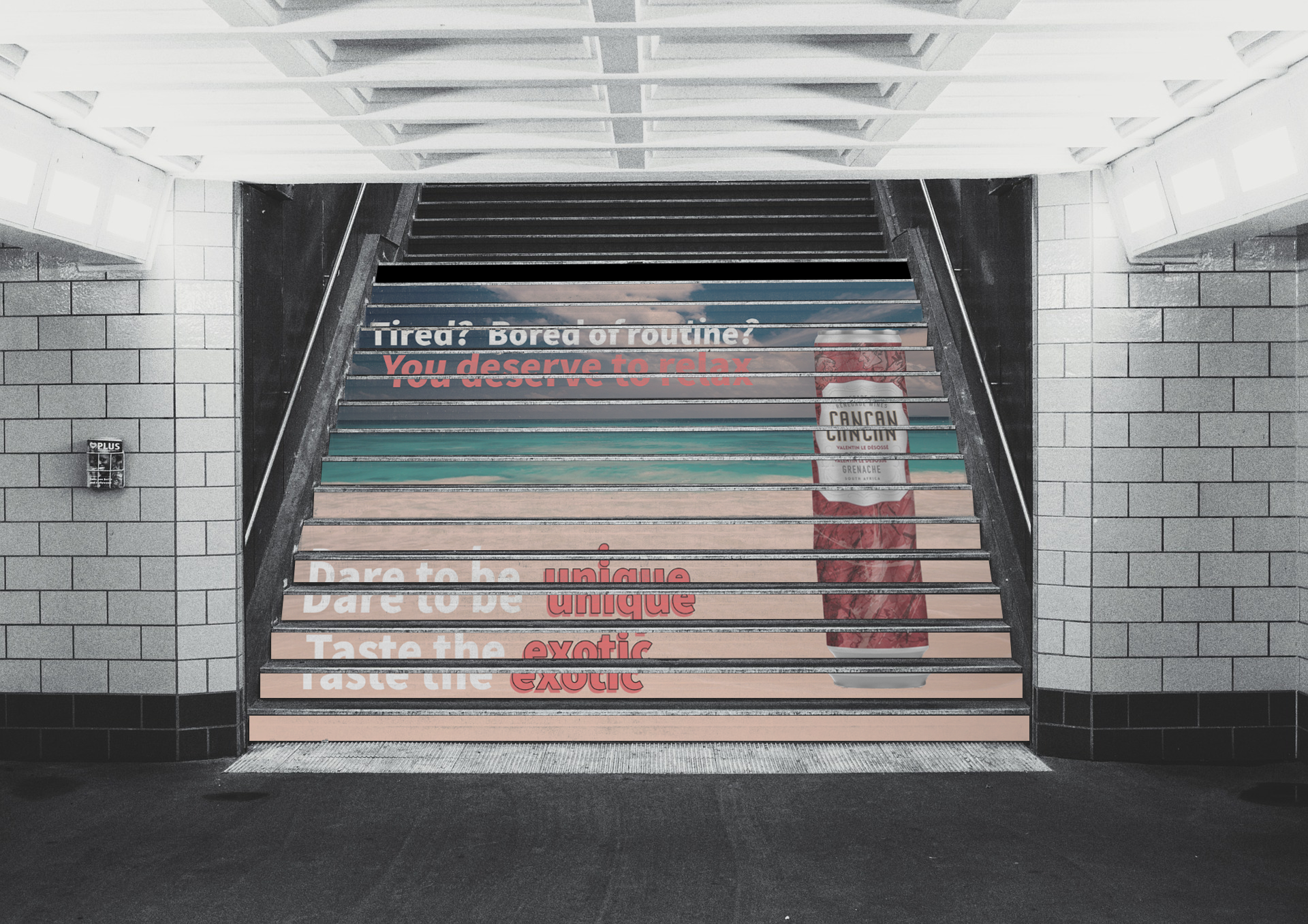 Guerrila marketing idea showing Cancan ads on subway stairs with brand messaging