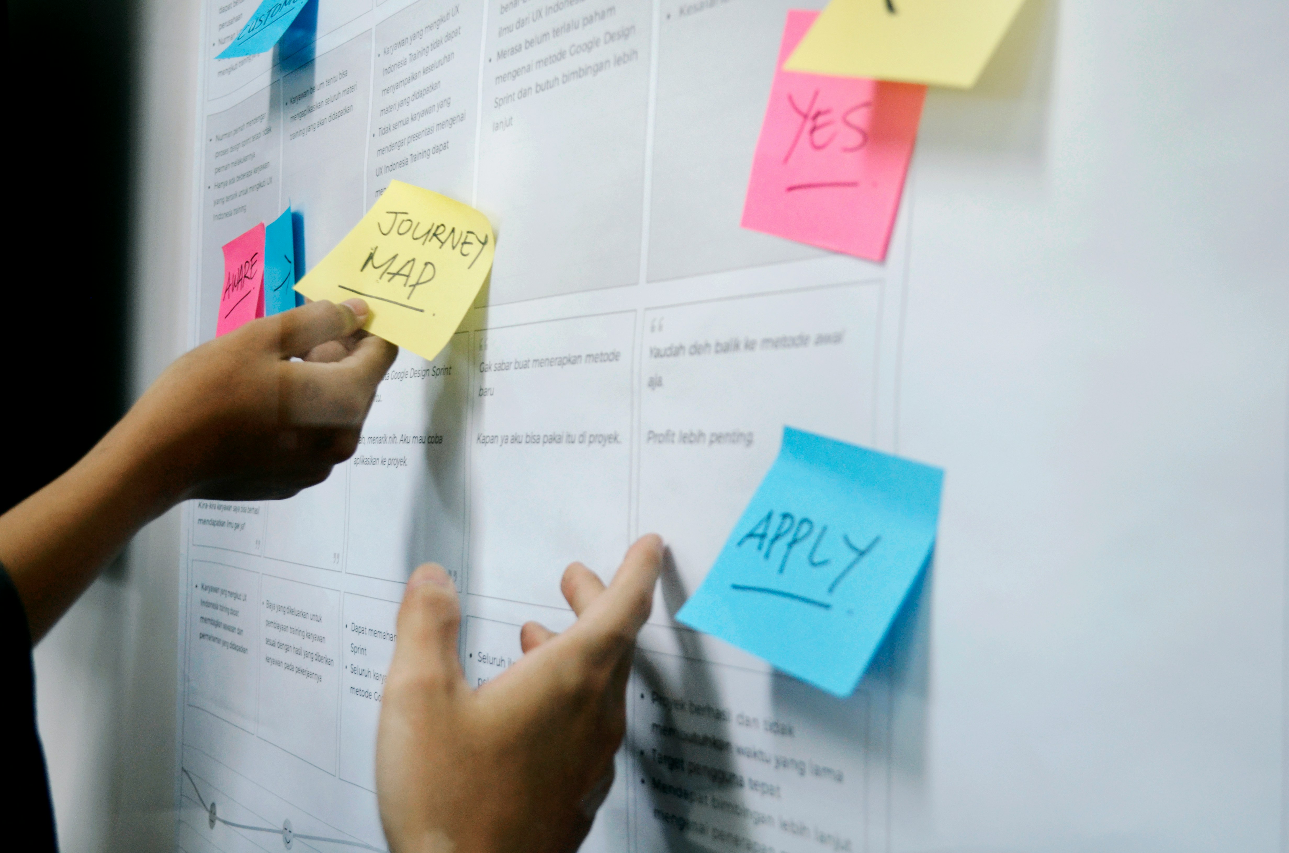 Person working on customer journey mapping with sticky notes and diagrams