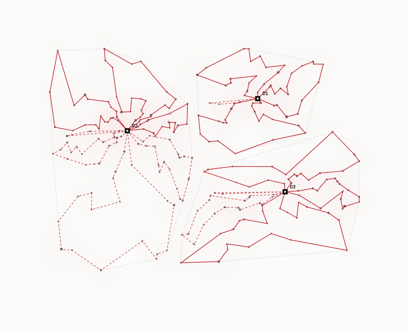Illustrative map of stockists assigned to three depots, with optimised delivery routes drawn between them