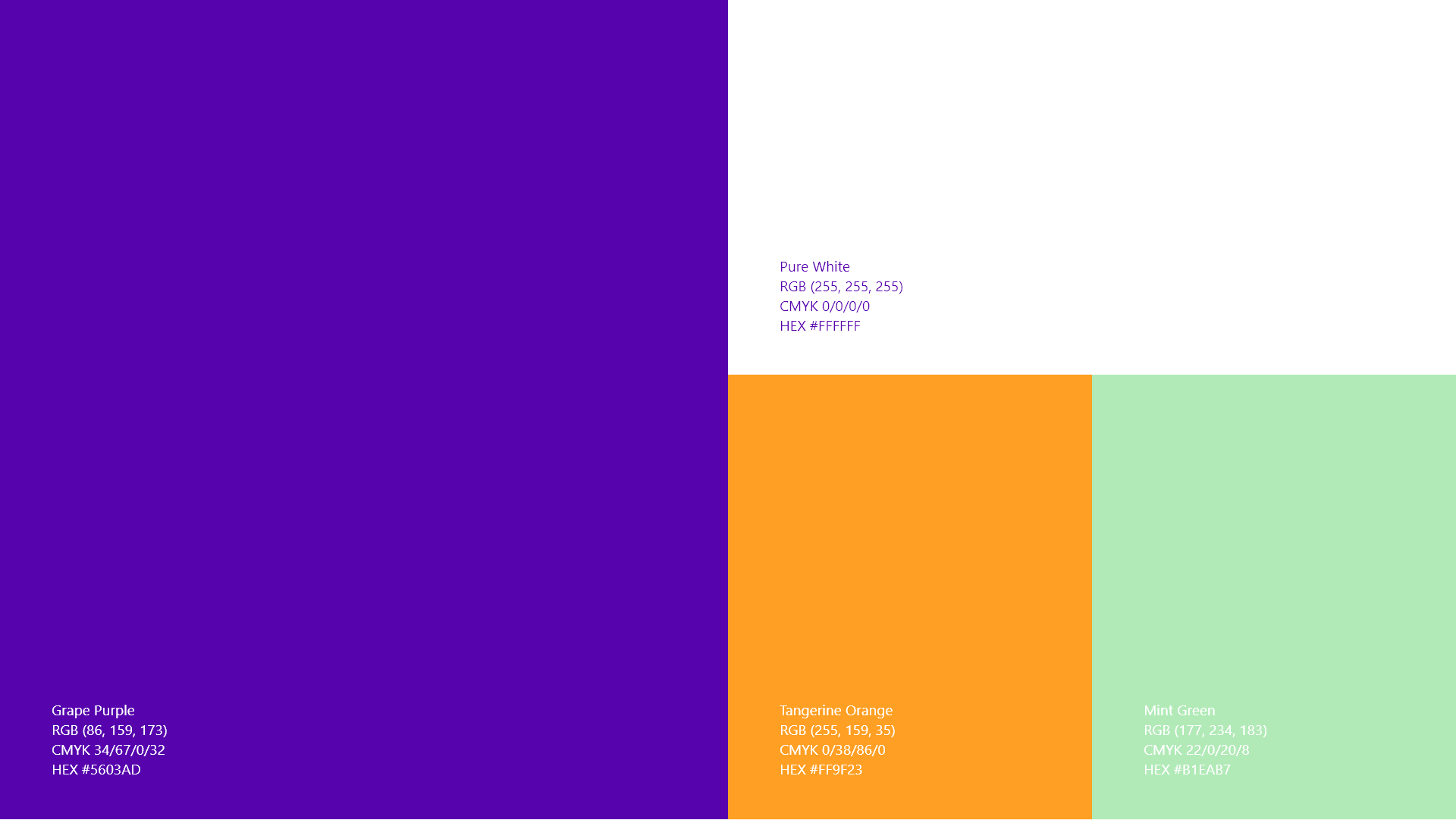 Image displaying Growly's color palette, having the main colors Purple and Pure White, with secondary colors Orange and Mint Green.