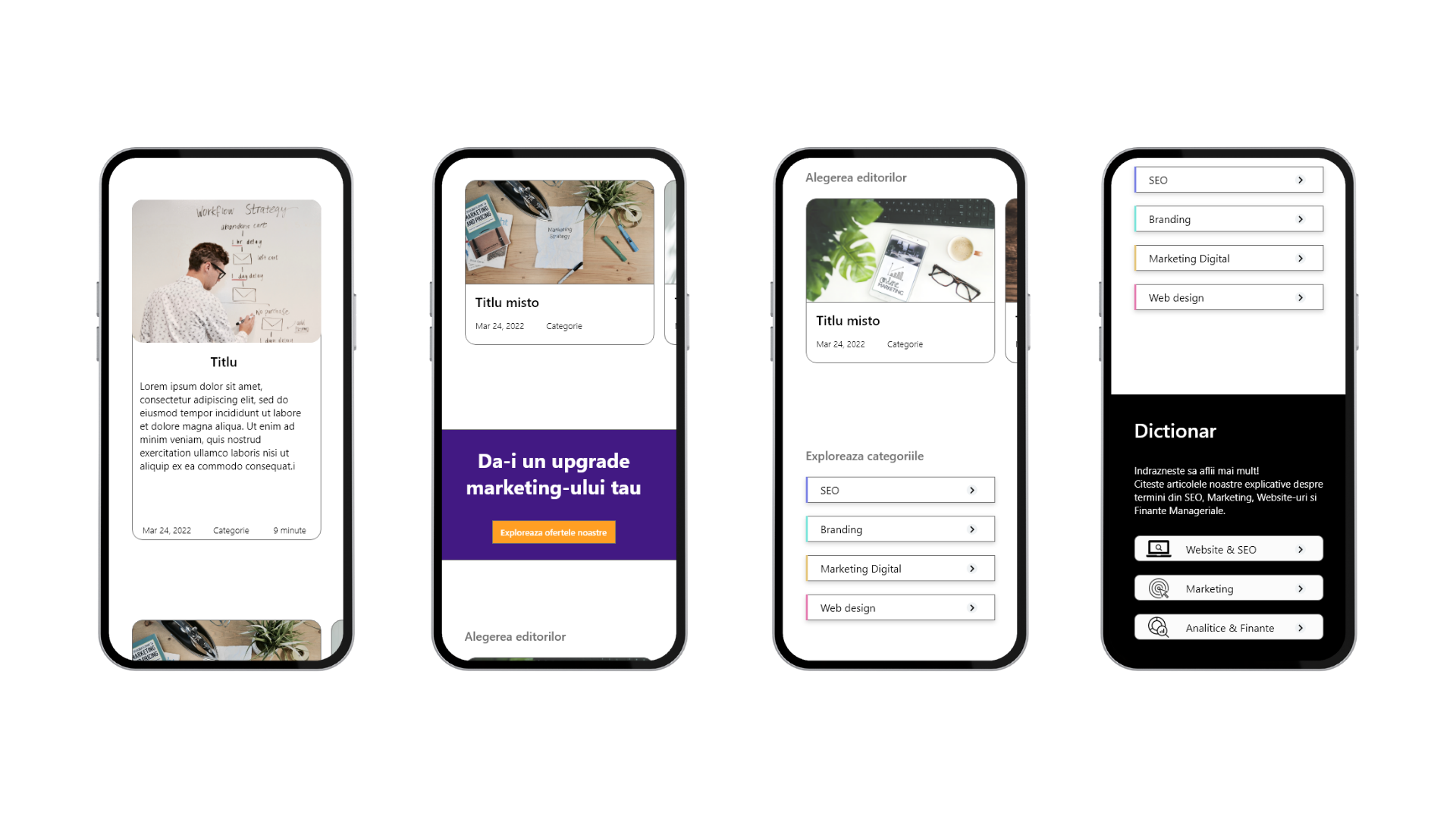 Four mockups of the mobile version of Growly's Blog page