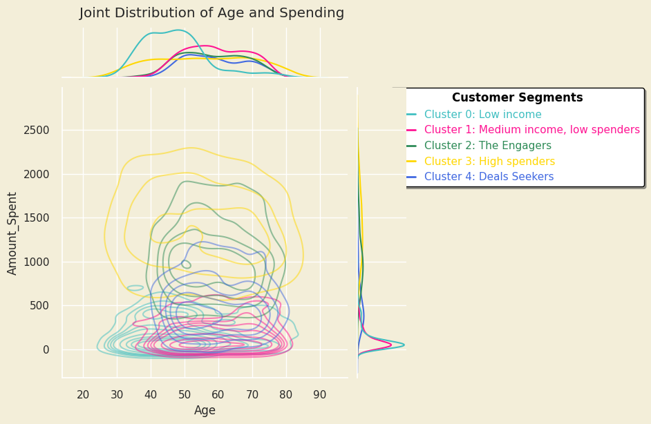 Joint plot showing the joint distribution of age and spending across the 5 clusters