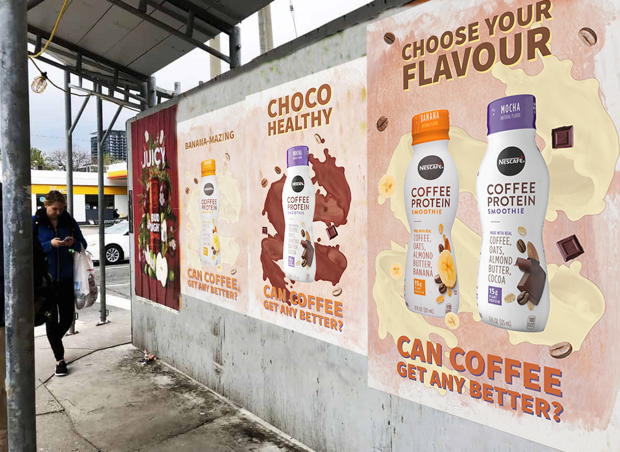 Mockup made in Adobe Photoshop of Nescafe Protein Shake's Street Posters, promoting the drink