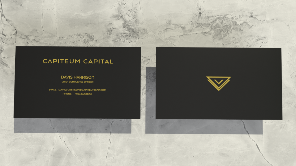 Mock photo shoot made in Adobe Dimensions of a business card of a fictious company "Capiteum Capital", showing the company's golden logo.