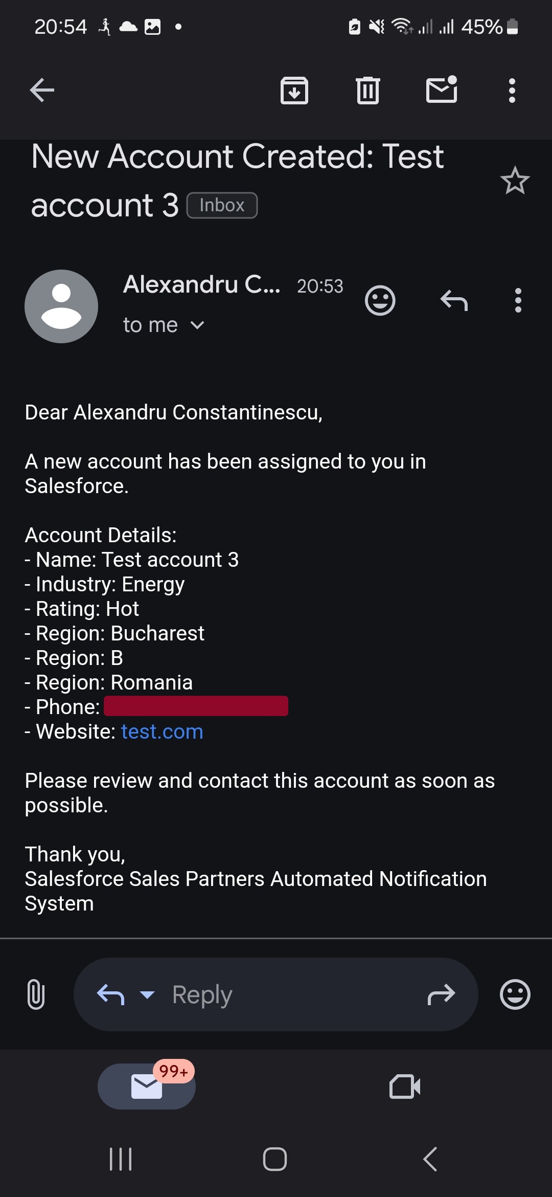 Mobile email notification showing automated Salesforce account assignment with detailed account information including name, industry, rating, and contact details for immediate partner action