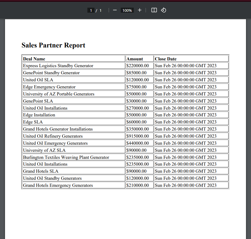 Professional PDF sales report generated from Salesforce showing detailed opportunity data including deal names, amounts, and close dates in formatted table layout