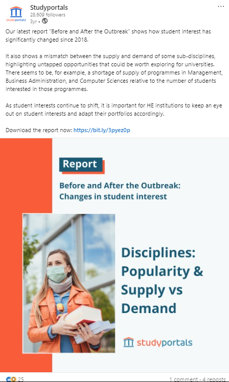 StudyPortals LinkedIn post promoting report 'Before and After the Outbreak: Changes in student interest' featuring orange and teal design with photo of female student wearing face mask holding books, titled 'Disciplines: Popularity & Supply vs Demand' analyzing COVID-19 impact on higher education enrollment trends
