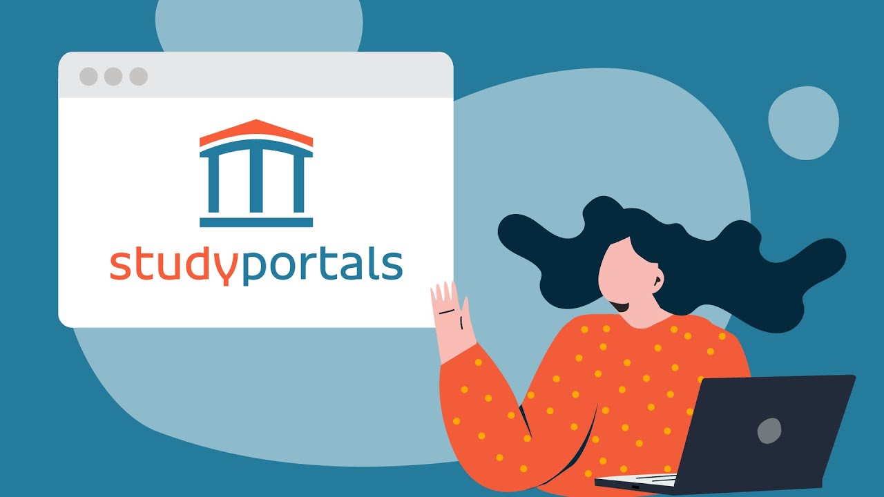 Doodle showing a student wearing an orange shirt pointing to a web page containing the Studyportals logo on white background.