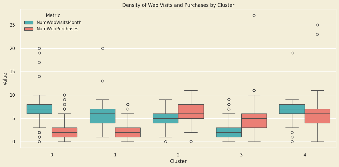 Box plot for each of the five customer clusters showing the distribution of the number of web visits and the number of web purchases