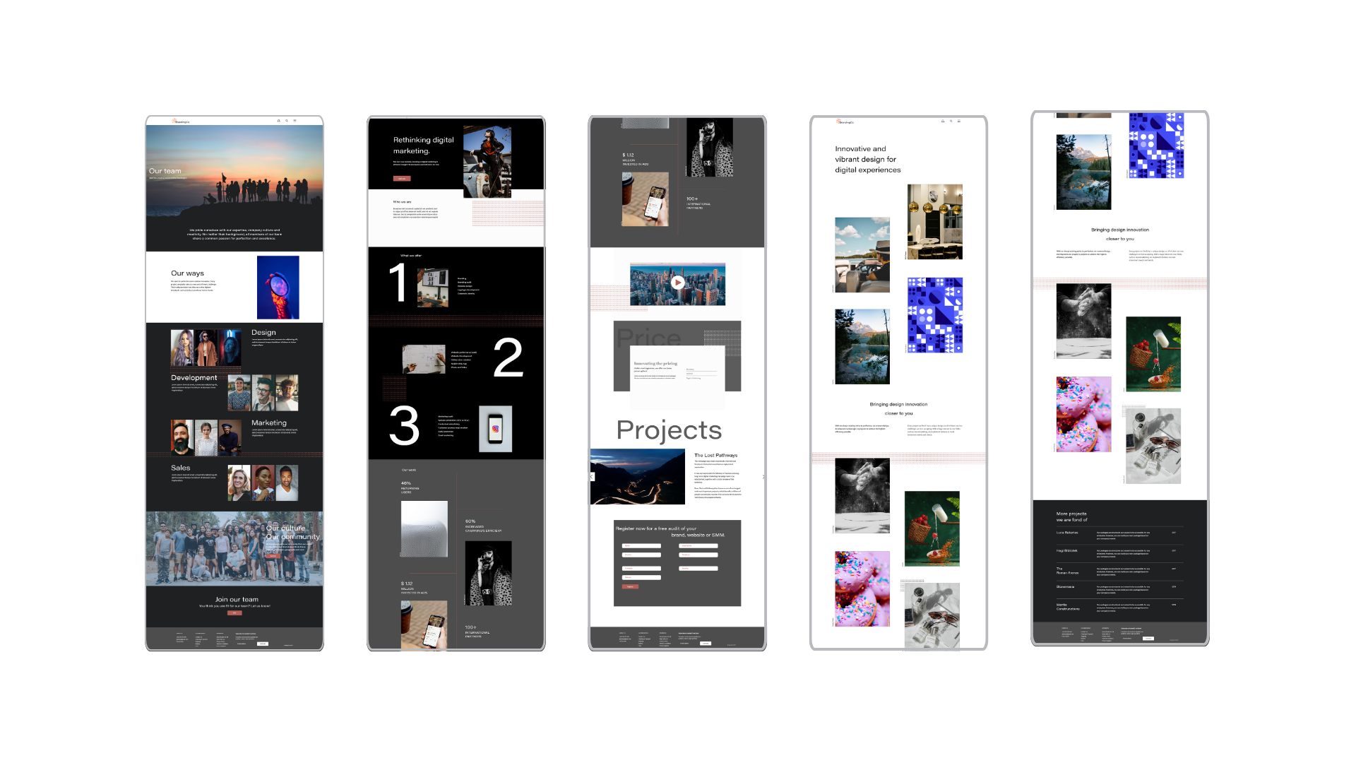 Comprehensive view of digital marketing agency website showing team pages, project galleries, and service methodology across multiple devices with consistent branding and navigation
