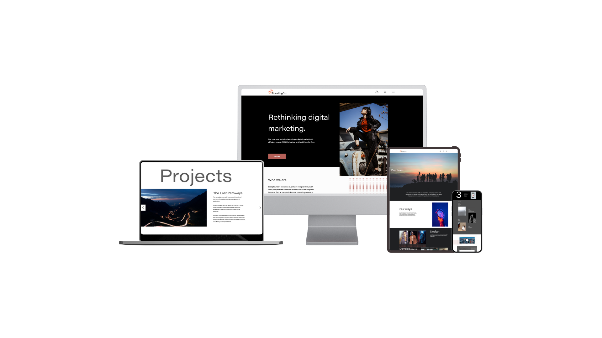 Digital agency website design mockups showing responsive layout across multiple devices